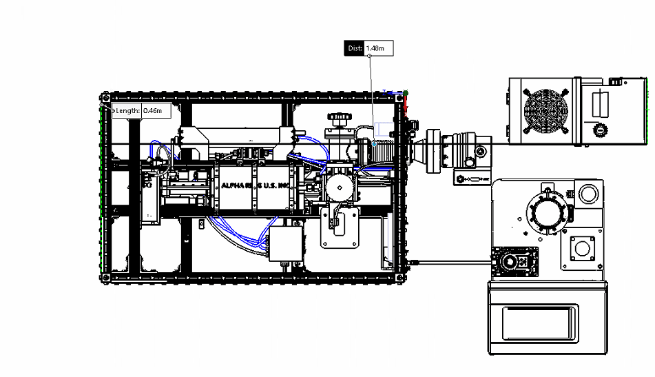 Dimensioned plan view of the Alpha-E system showing its bench footprint and overall length
